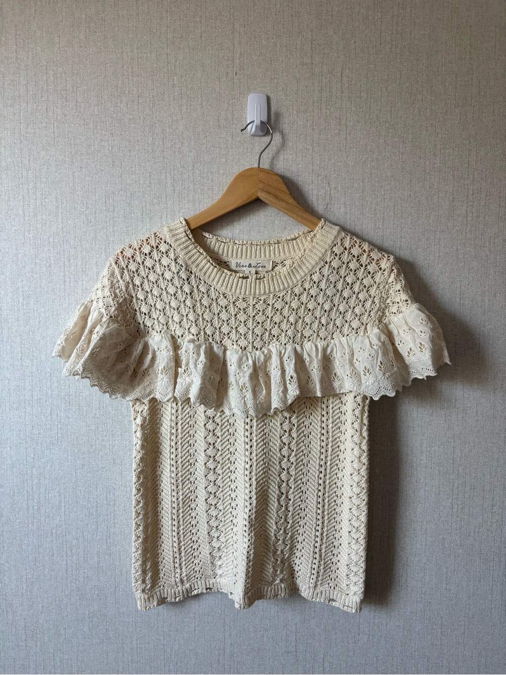 Vine & Love Cream Crochet Ruffle Knit Top